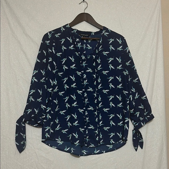 Blue Tie Front Blouse with Cuffed Sleeves and Mandarin Collar - Picture 1 of 3